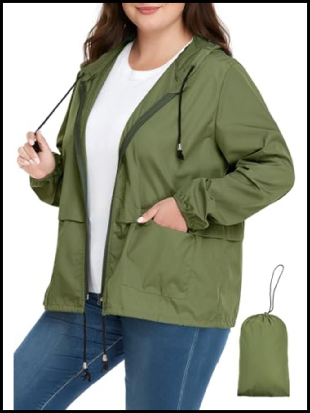 Plus Size Lightweight Packable Hooded Rain Jacket Windbreaker